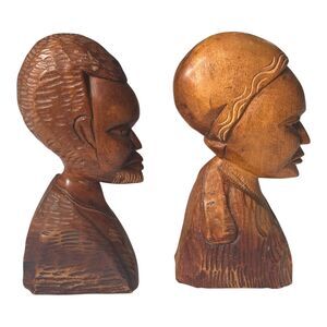 Vintage African Hand Carved Dark Wood Male‎ Female Head Statue Bust